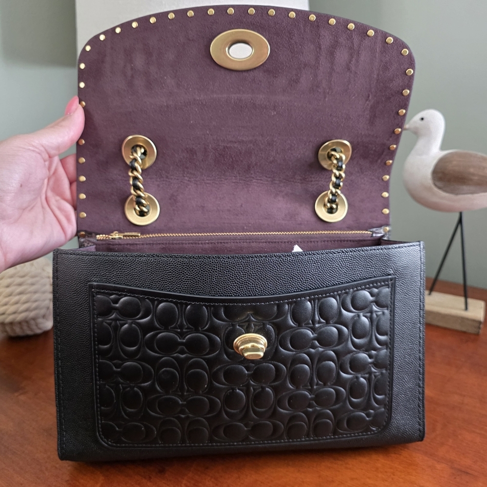 Coach 53344 Parker Black Leather Genuine Snakeskin Rivet Chain Shoulder Bag - Picture 13 of 16